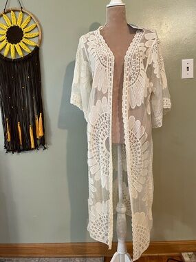 White Lace Sheer Duster Tunic - Lightweight Women's Kimono
